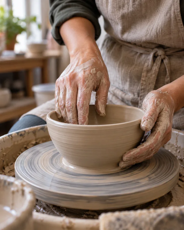Hands shaping a ceramic bowl in a workshop — illustrative post